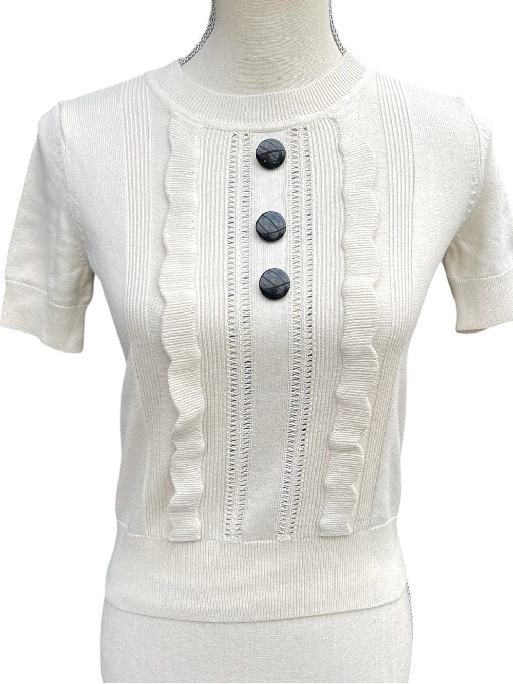 Kate Spade Ivory Silk/Cotton/Cashmere Short Sleeve Crew Ruffle Crop Sweater (XS)